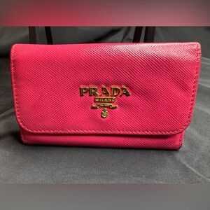 Prada Saffiano Leather Card Holder Key Wallet in Vibrant Pink with Gold Logo